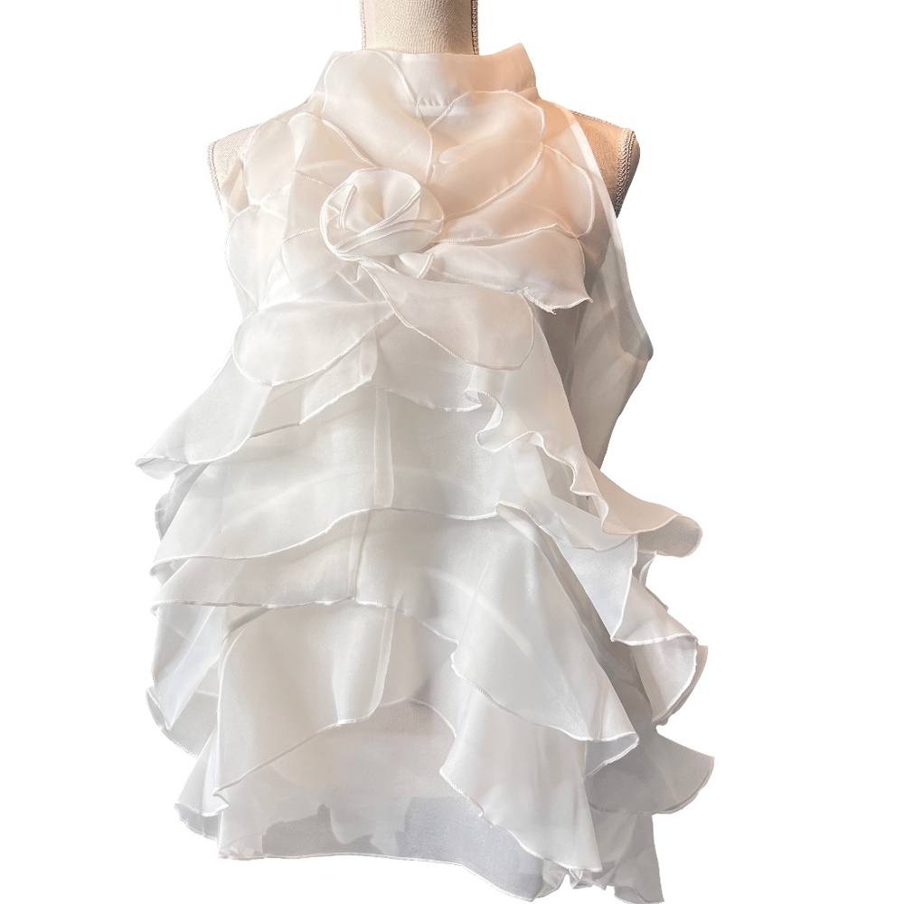 #A049    FT INC  White Organza Ruffle HI -LO top with Rosette Detail - XL - Picture 3 of 10